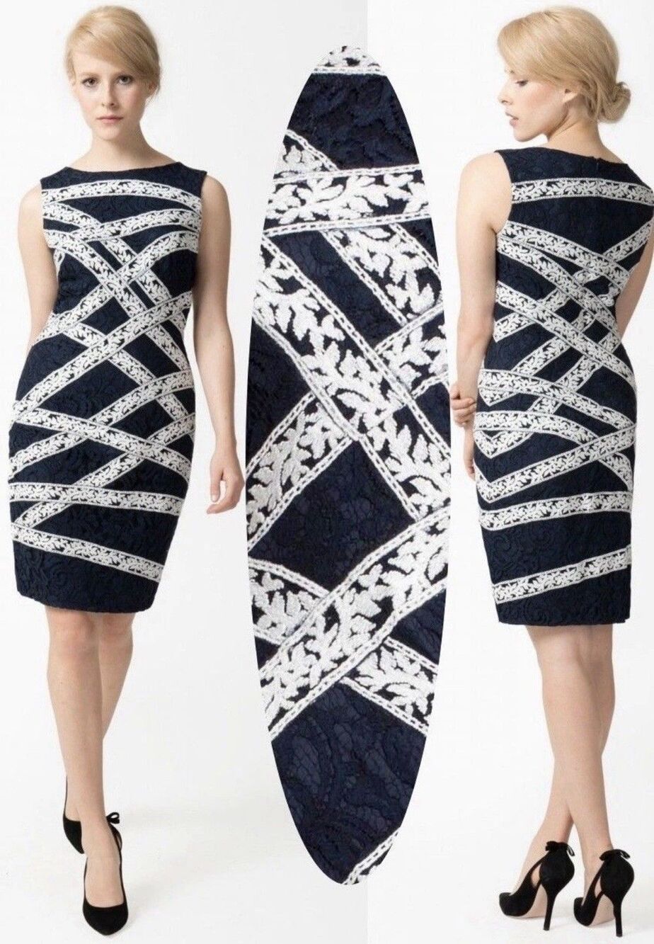 Tadashi Sohji Lace Blue White Cocktail Dress 4 S Banded Sheath Lined Ribbons